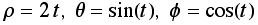 ρ = 2t, θ = sin(t), ϕ = cos(t)