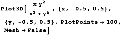 RowBox[{Plot3D, [, RowBox[{(x y^2)/(x^2 + y^4), ,, RowBox[{{, RowBox[{x, ,, RowBox[{-, 0.5}],  ... wBox[{y, ,, RowBox[{-, 0.5}], ,, 0.5}], }}], ,, PlotPoints100, ,, MeshFalse}], ]}]