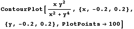 RowBox[{ContourPlot, [, RowBox[{(x y^2)/(x^2 + y^4), ,, RowBox[{{, RowBox[{x, ,, RowBox[{-, 0. ...  }}], ,, RowBox[{{, RowBox[{y, ,, RowBox[{-, 0.2}], ,, 0.2}], }}], ,, PlotPoints100}], ]}]