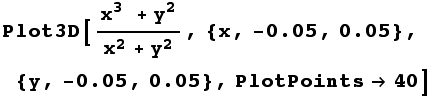 RowBox[{Plot3D, [, RowBox[{(x^3 + y^2)/(x^2 + y^2), ,, RowBox[{{, RowBox[{x, ,, RowBox[{-, 0.0 ... }}], ,, RowBox[{{, RowBox[{y, ,, RowBox[{-, 0.05}], ,, 0.05}], }}], ,, PlotPoints40}], ]}]