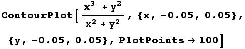 RowBox[{ContourPlot, [, RowBox[{(x^3 + y^2)/(x^2 + y^2), ,, RowBox[{{, RowBox[{x, ,, RowBox[{- ... }], ,, RowBox[{{, RowBox[{y, ,, RowBox[{-, 0.05}], ,, 0.05}], }}], ,, PlotPoints100}], ]}]