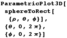 ParametricPlot3D[sphereToRect[{ρ, θ, ϕ}], {θ, 0, 2π}, {ϕ, 0, 2π}]