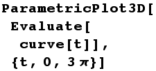 ParametricPlot3D[Evaluate[curve[t]], {t, 0, 3π}]