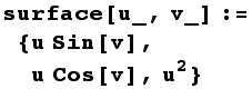 surface[u_, v_] := {u Sin[v], u Cos[v], u^2}