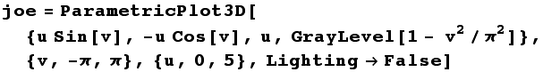 joe = ParametricPlot3D[{u Sin[v], -u Cos[v], u, GrayLevel[1 - v^2/π^2]}, {v, -π, π}, {u, 0, 5}, LightingFalse]