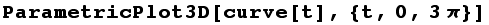 ParametricPlot3D[curve[t], {t, 0, 3π}]