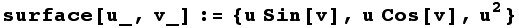 surface[u_, v_] := {u Sin[v], u Cos[v], u^2}