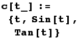 c[t_] := {t, Sin[t], Tan[t]}