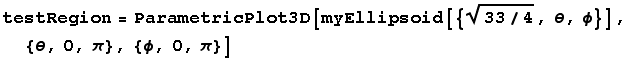 testRegion = ParametricPlot3D[myEllipsoid[{(33/4)^(1/2), θ, ϕ}], {θ, 0, π}, {ϕ, 0, π}]