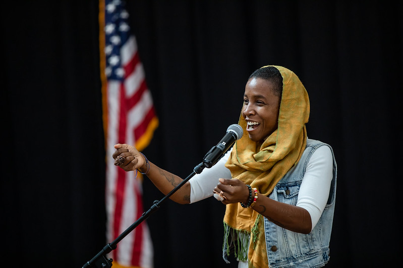 Fatima Mann performs spoken word at National Day of Racial Healing.